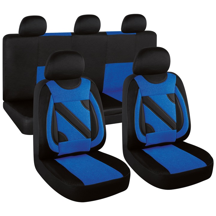 Set huse scaune auto SMARTIC®, Nero, 11 piese, universal, compatibile cu airbag, usor de curatat, material textil respirabil, albastru