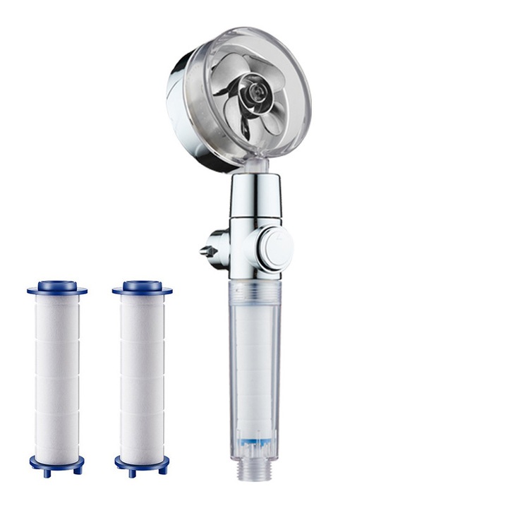 Cap de dus cu presiune inalta cu Elice, rotire 360, Buton On/Off, economisire apa, Filtru Bumbac pentru Nisip si Rugina, Ioni negativi, Presiune inalta, Functie economisire apa