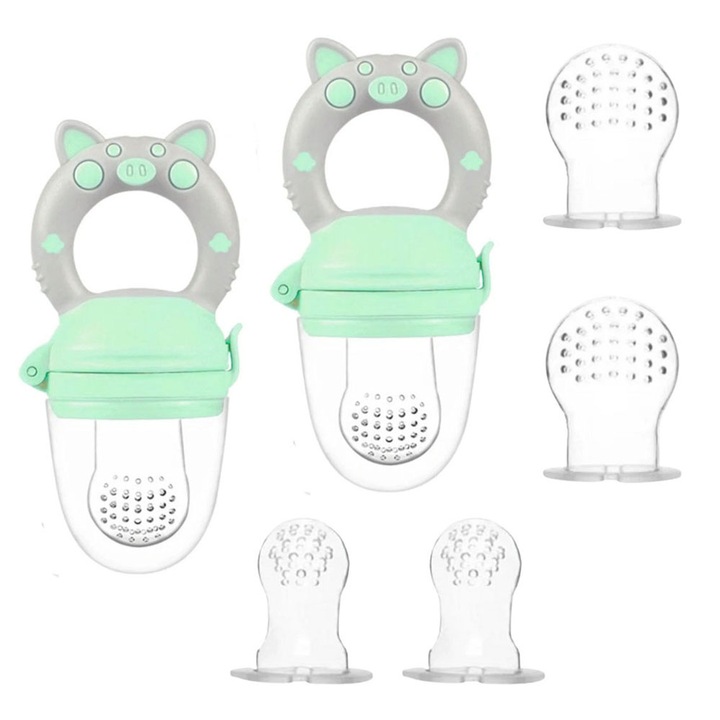 2 db gyümölcscumi készlet babáknak - szállítótáska és 6 db BPA-mentes szilikon etetőcumik - Tengerimalac, Szürke-zöld