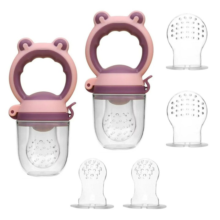 2 db gyümölcscumik készlet babáknak - szállítótáska és 6 db BPA-mentes élelmiszer minőségű szilikon cumi - Pink Frog