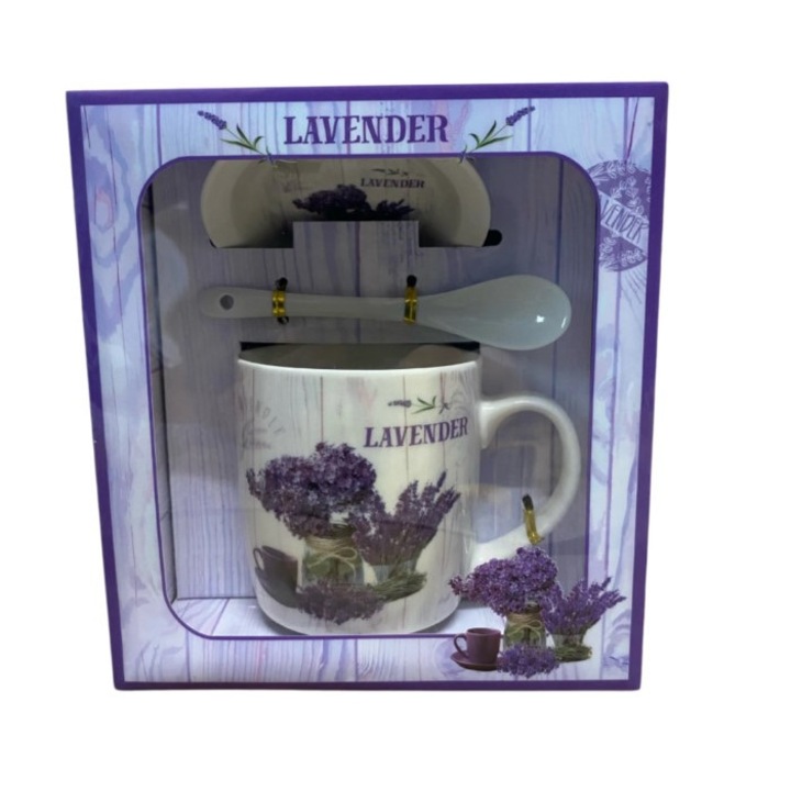 Set cana cu farfurie si lingurita, din ceramica, model lavanda, 200 ml