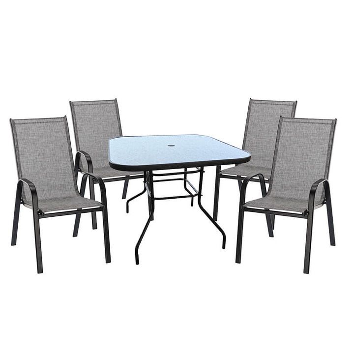 Berdan 4 személyes erkélyszett 90x90x70 cm üveglapos fém asztallal, Matera székekkel
