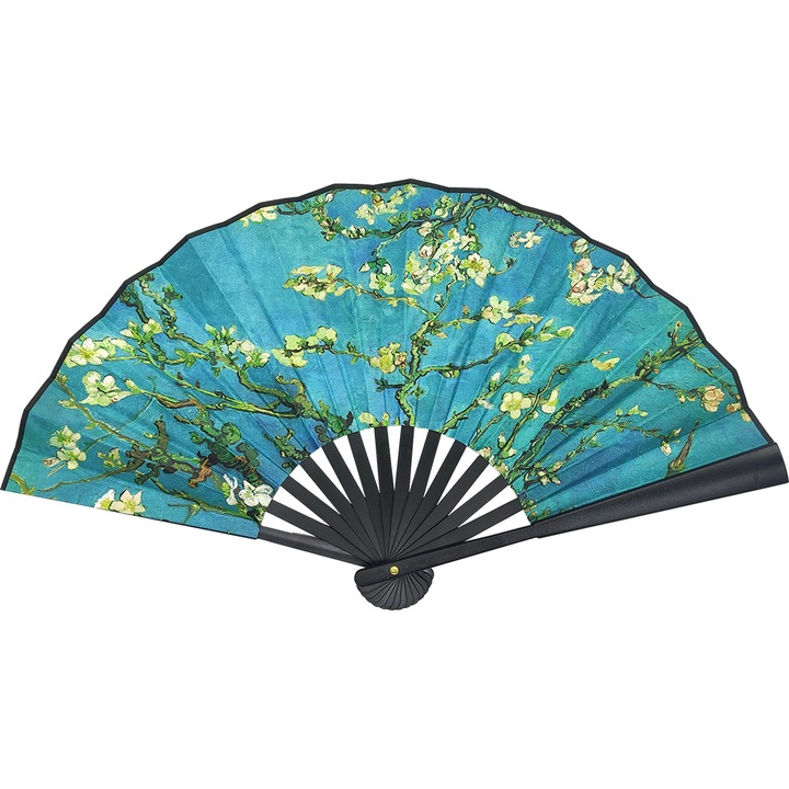 Evantai pliabil mare din plastic, cu doua fete, pentru aer puternic, Pictura celebra, Ramuri de migdal inflorit, Van Gogh, 26.5x2.5x3 cm, multicolor