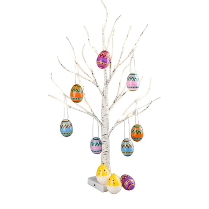 Copac decorativ pentru Pasti, cu lumini Led si oua colorate, de 60 cm, Multicolor