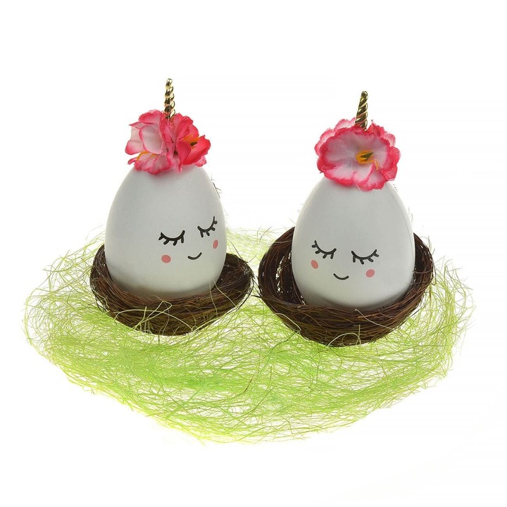 Set de Paste Shopiens® cu 2 figurine decorative de unicorni oua intr-un cuib de iarba, 12 x 6 x 12 cm