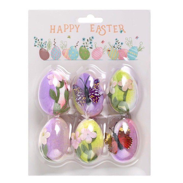 Set 6 oua decorative de Paste Shopiens® din spuma, suspendabile cu model 3D cu fluturi si flori si panglica lila, 6 cm