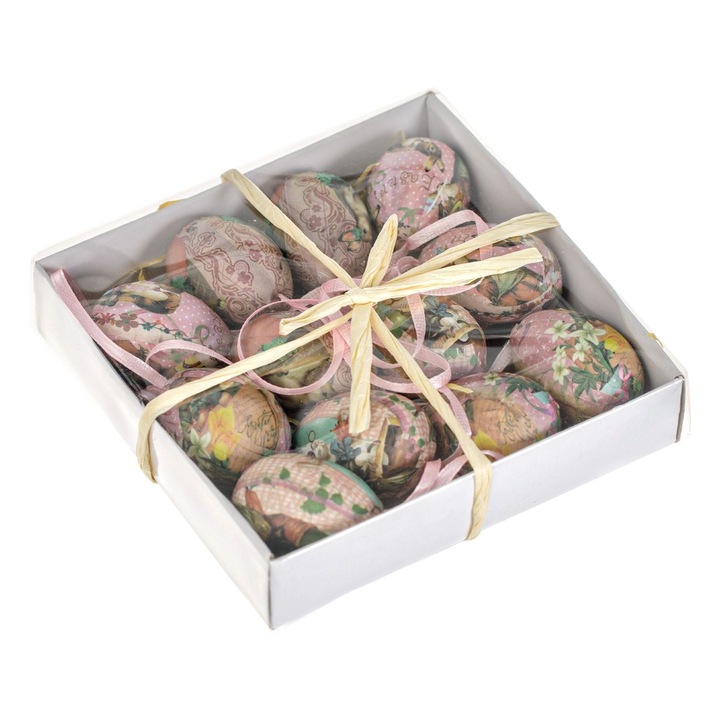 12 db dekoratív húsvéti Shopiens® tojás készlet habszivacsból, függő, nyúl papír képpel és rózsaszín szalaggal, 4 cm