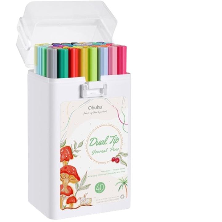 Комплект от 40 маркера Ohuhu, на водна основа, двоен връх, много фини и четка, многоцветни