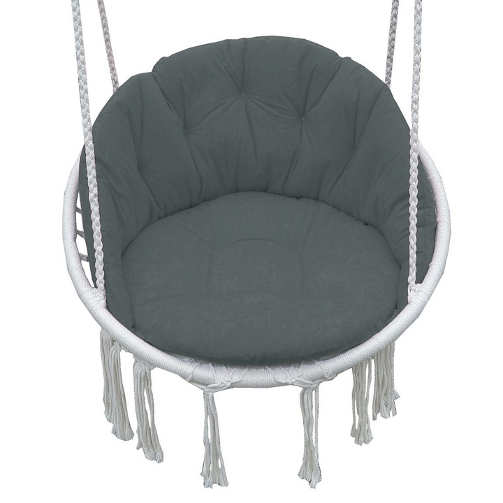 Окачена възглавница за фотьойл с облегалка, полиестер + полиуретанова пяна, кръгла, сива, 60 x 50 x 6 cm