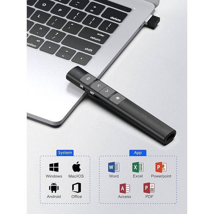 Vezeték nélküli előadó, piros jelzővel, 2,4 GHz-es távirányítóval, USB töltés támogatással