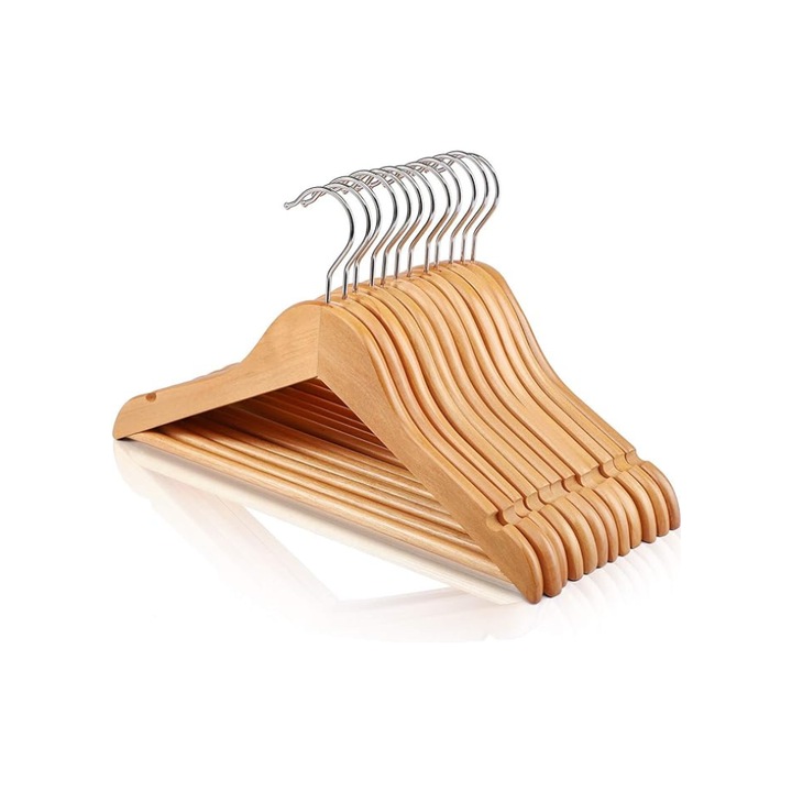 Set de 15 Umerase, HOUSE DAY, carlig rotativ din metal, pentru Paltoane, Pantaloni si Geci, Din lemn, Maro