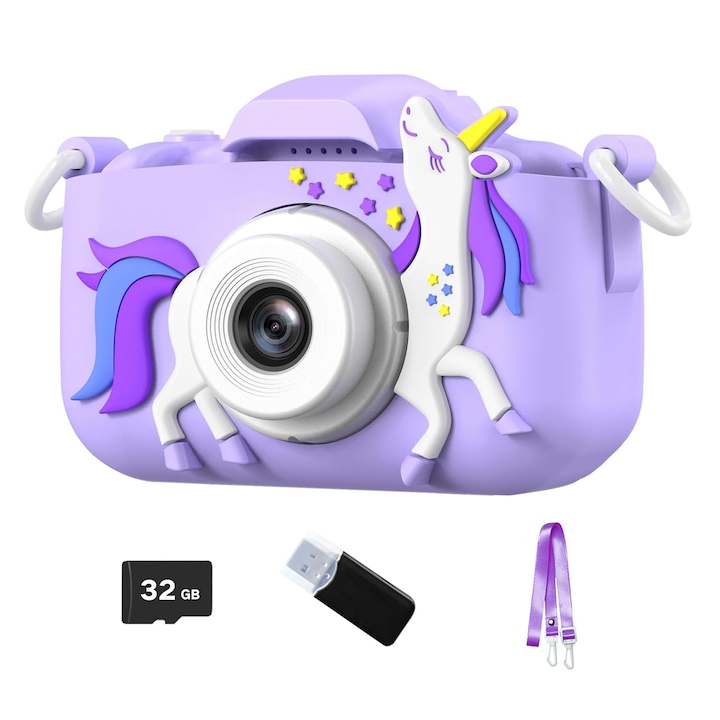 Digitális fényképezőgép, gyerekeknek, 28 képkeret, 6 szűrő, 3 játék, kettős kamera, 1920 x 1080P Full HD, MicroSD 32G-vel és kártyaolvasóval, fotó/videó funkció, 2,0 hüvelykes, OUYLAF, lila