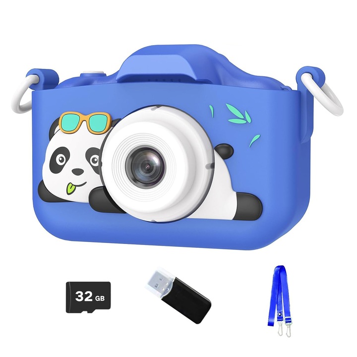 Camera foto digitala pentru copii, camere duble, 28 rame foto, 6 filtre, 3 jocuri, 1920 x 1080P Full HD, cu MicroSD 32G si Cititor de carduri, functie foto/video, 2.0 inch, Incarcare USB, OUYLAF, Albastru