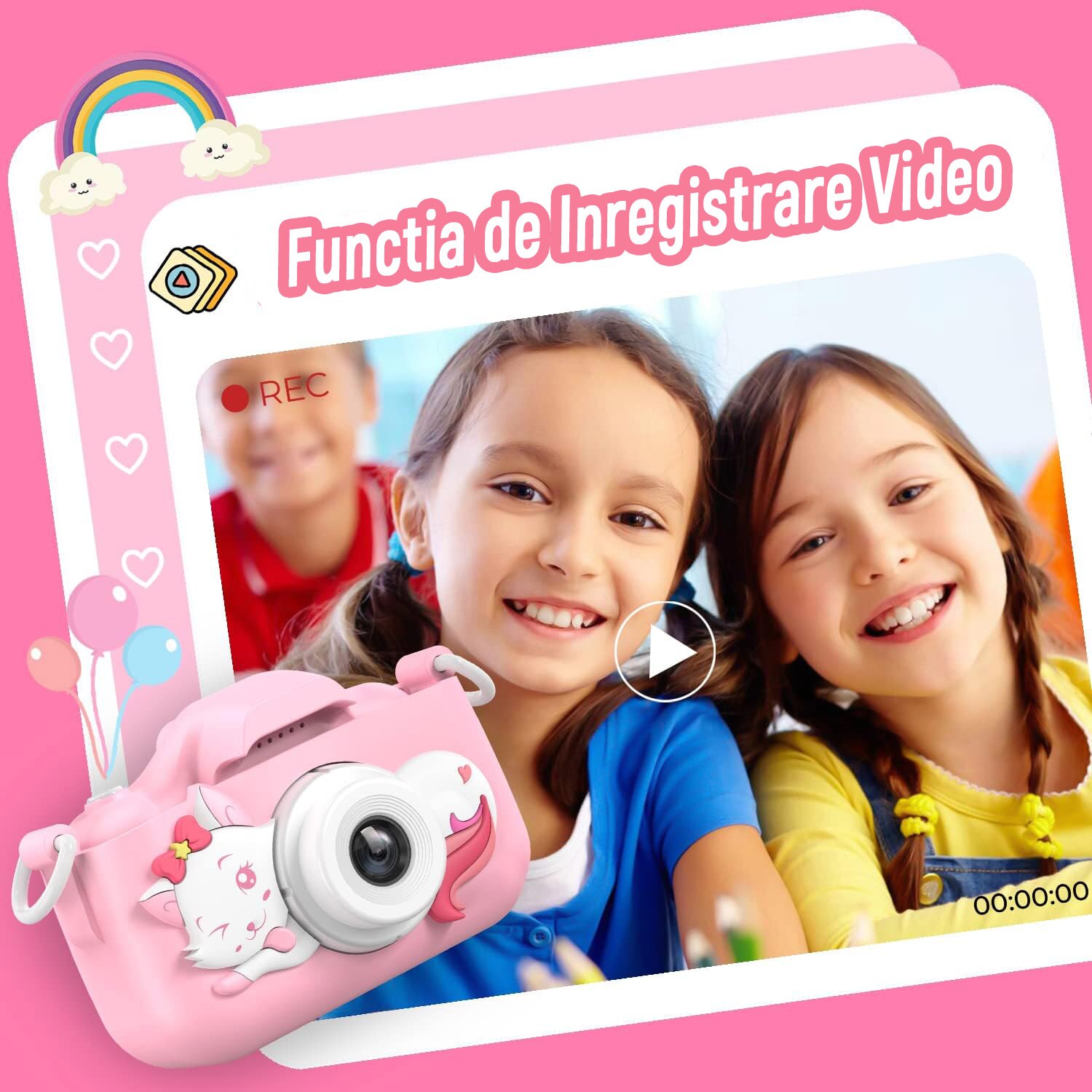 Camera foto digitala pentru copii, camere duble, 28 rame foto, 6 filtre ...
