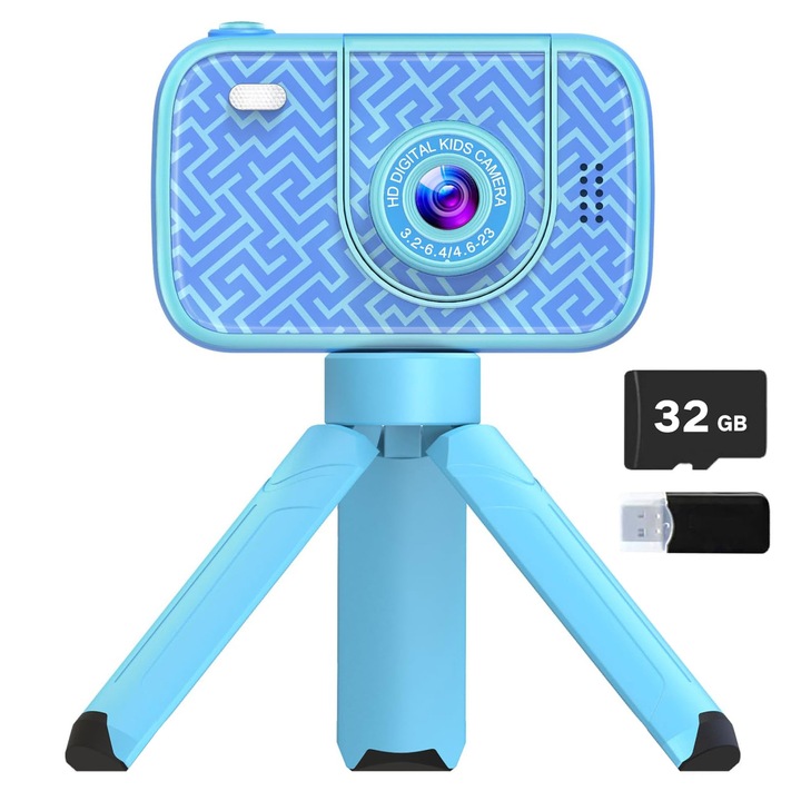 Camera foto digitala cu trepied pentru copii, lentile flip, 1920 x 1080P Full HD, 28 rame foto, 4 filtre, 3 jocuri, cu MicroSD 32G, functie foto/video, OUYLAF, Albastru