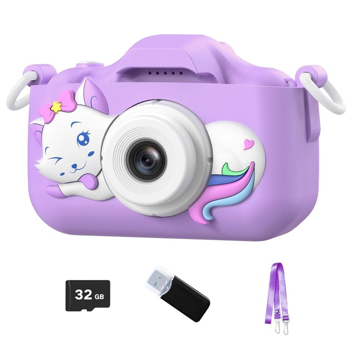 Camera foto digitala pentru copii, camere duble, 28 rame foto, 6 filtre, 3 jocuri, 1920 x 1080P Full HD, cu MicroSD 32G si Cititor de carduri, functie foto/video, Ecran IPS 2.0 inch, OUYLAF, Violet/Alb