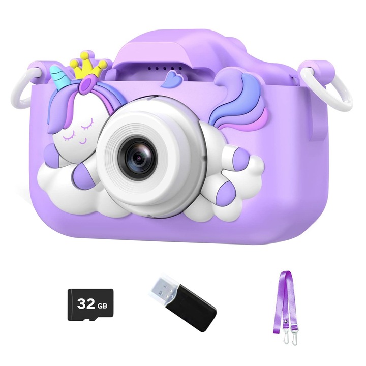 Camera foto digitala pentru copii, camere duble, 28 rame foto, 6 filtre, 3 jocuri, 1920 x 1080P Full HD, cu MicroSD 32G si Cititor de carduri, functie video/foto, ecran 2.0 inch, OUYLAF, Mov