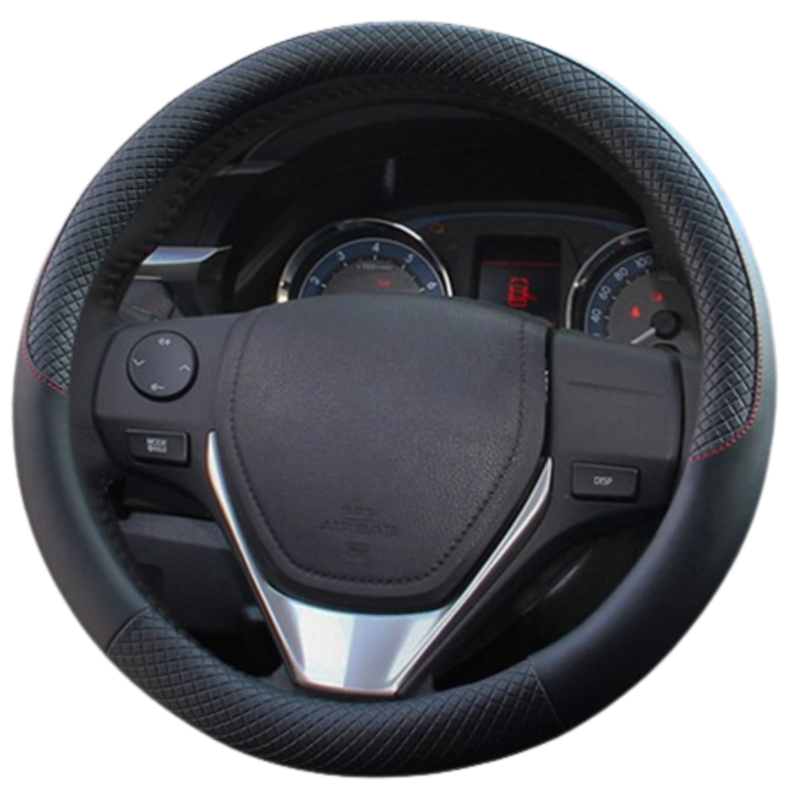 Husa de Volan Auto Premium din Fibra de Carbon Anti-Alunecare, Design Modern, Fixare Sigura, Instalare Usoara, Diametru 38cm, Negru cu Cusaturi Rosii