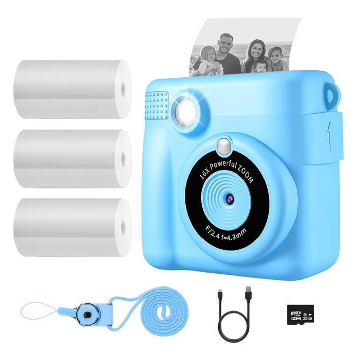 Camera foto digitala pentru copii, imprimare instantanee, 1080P HD, 2.4 inch, 1000 mAh, cu 3 role hartie termica si Card TF 32G, OUYLAF, Albastru