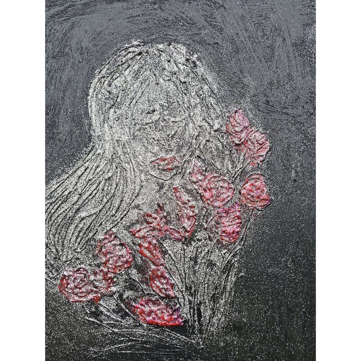 Tablou Unicat, ”Fata cu Flori”, realizat manual, panza, 50x60 cm