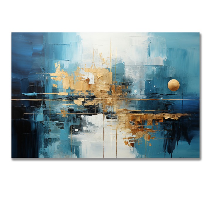 Tablou Canvas, Abstract Modern, Texturi Dinamice, Nuante de Albastru si Auriu, Reflexii Urbane, Pictura Contemporana, 50x70cm