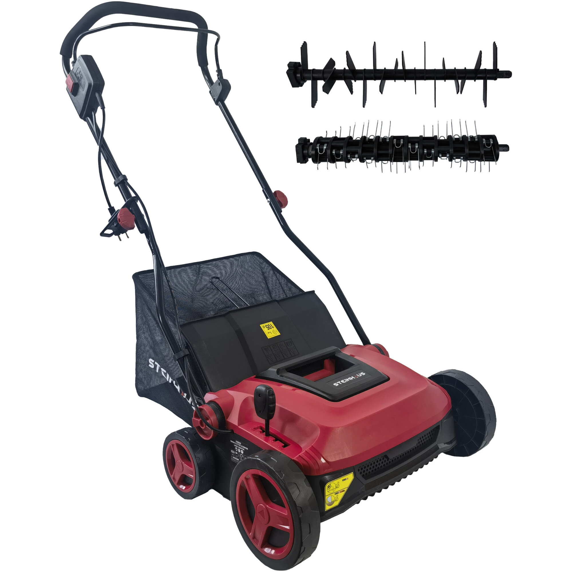 Scarificator/aerator electric Steinhaus PRO-SCA1800, putere 1800 W, 37 cm latime lucru, 45 L sac colector, 5 trepte de inaltime, include rola scarificare si rola aerare