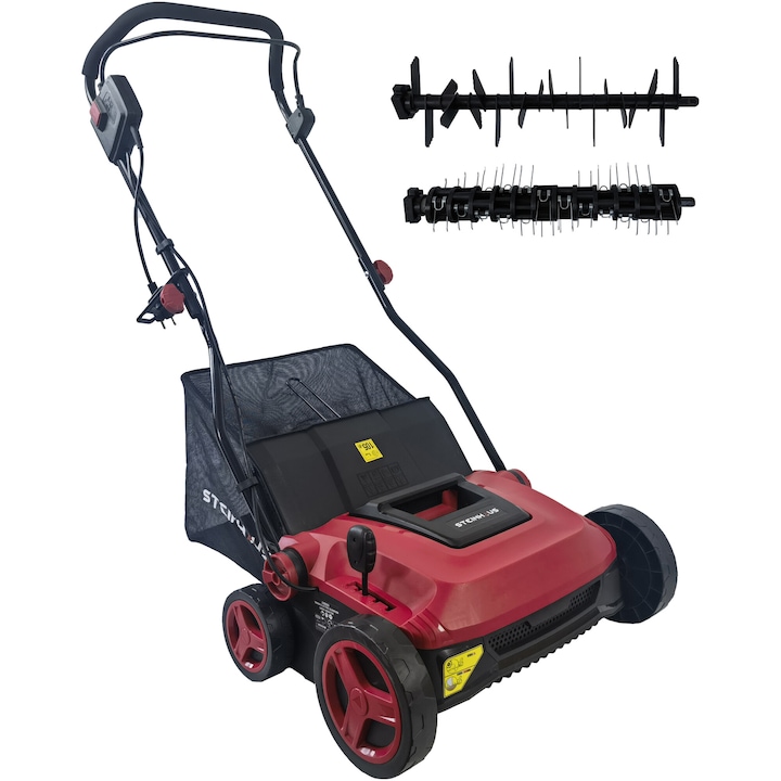 Електрически скарификатор/аератор Steinhaus PRO-SCA1800, Мощност 1800W, Работна ширина 37 см, Колекторна торба 45 л, 5 нива на височината, Включва валяк за скарификация и валяк за аериране