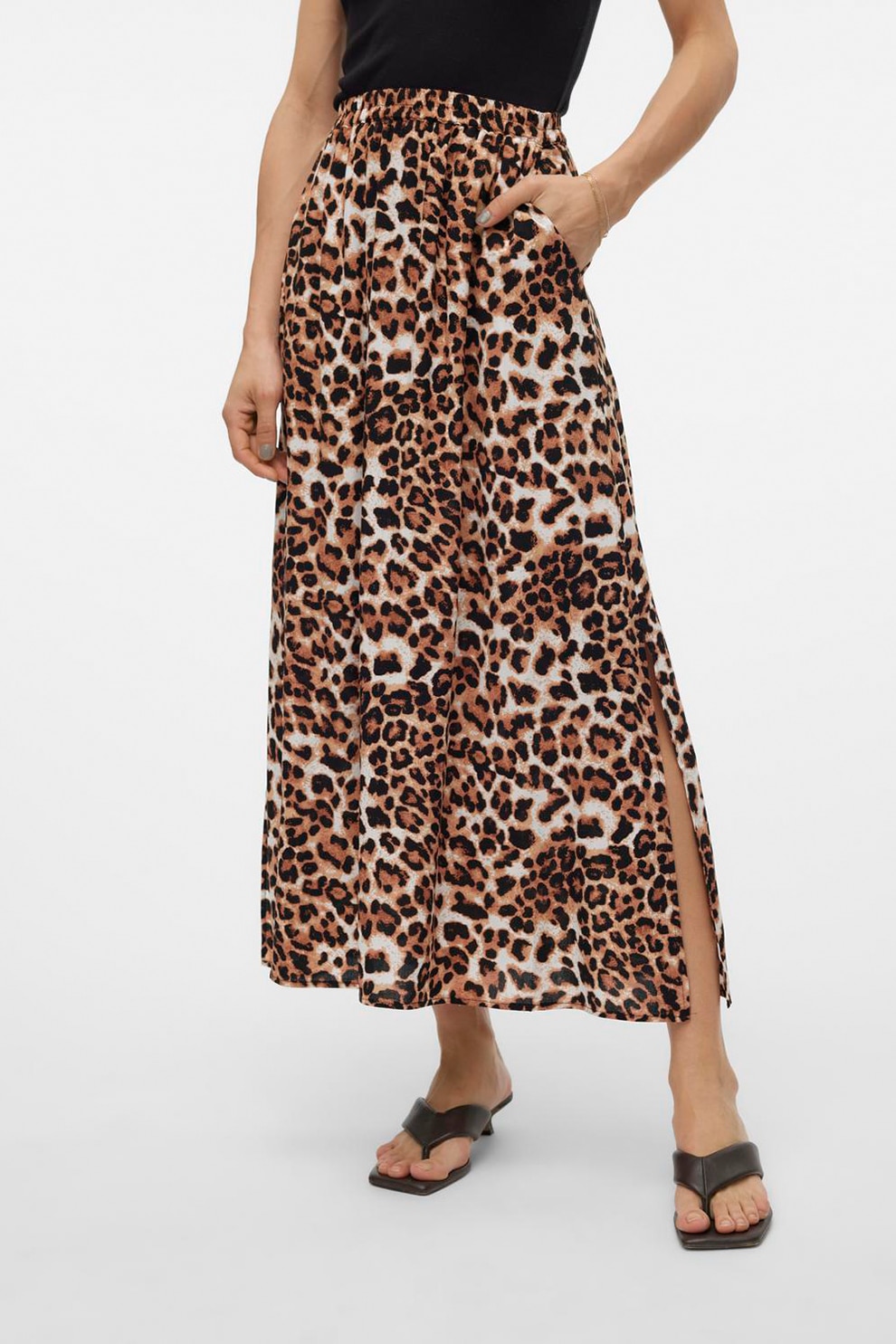 Vero Moda, Fusta midi cu slit lateral, Maro, M