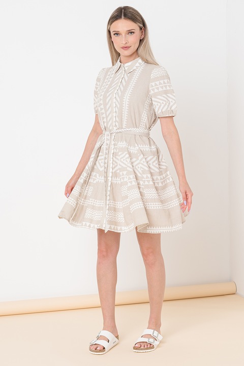 Vero Moda, Rochie-camasa de bumbac organic cu cordon, Alb/Verde pal