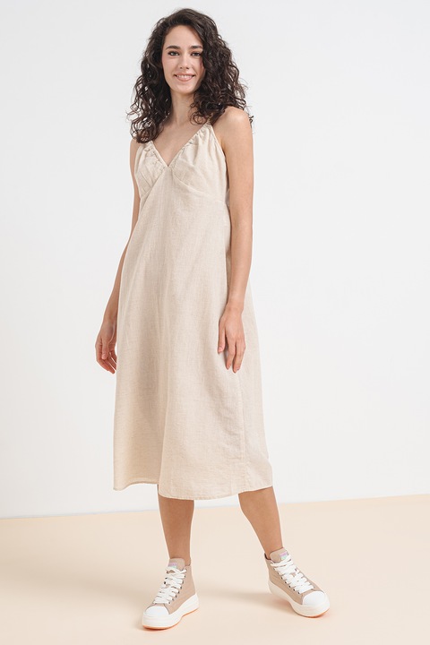 Vero Moda, Rochie midi din amestec de in Magnete, Alb murdar