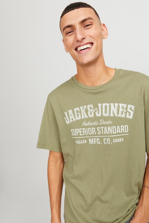 Jack & Jones, Памучна тениска с лого, Маслинено зелено