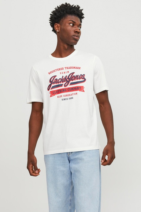 Jack & Jones, Тениска от органичен памук с лого, Червен/Бял