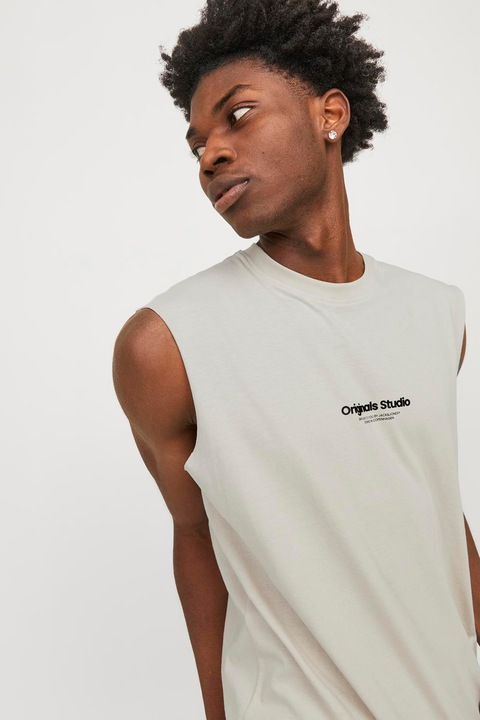 Jack & Jones, Top de bumbac cu decolteu la baza gatului, Alb fildes