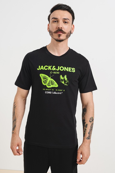 Jack & Jones, Тениска от памук с лого, Електриково Зелено/Черен
