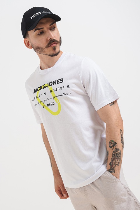 Jack & Jones, Тениска от памук с лого, Бял/Черен
