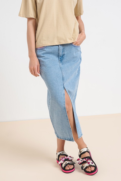 Only, Fusta din denim cu slit frontal, Albastru pastel, XS