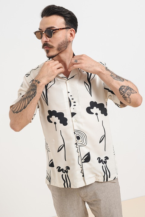 Selected Homme, Camasa cu imprimeu si revere decupate, Alb fildes/Negru