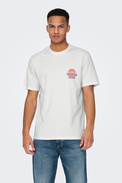 Only & Sons, Тениска от органичен памук с шарка, Бял/Бледооранжев
