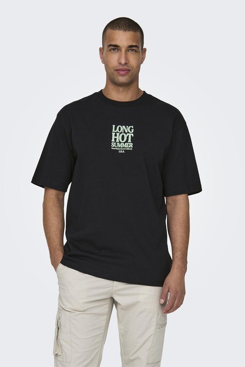 Only & Sons, Kényelmes fazonú feliratos póló, Fekete/Limezöld