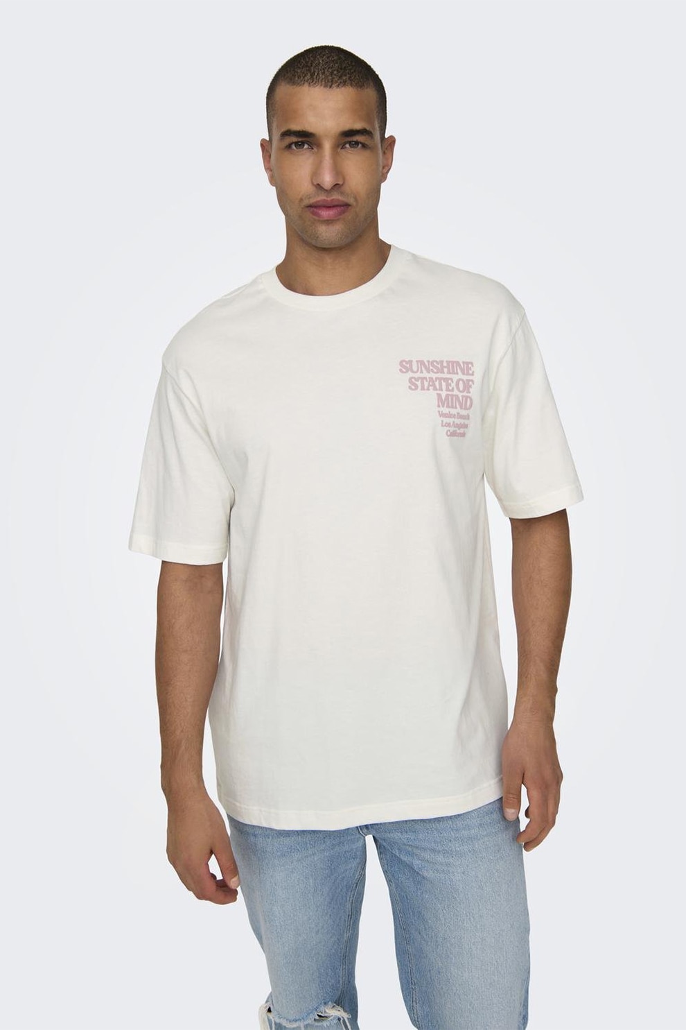 Only & Sons, Tricou relaxed fit cu imprimeu text, Alb murdar, Roz prafuit, XL