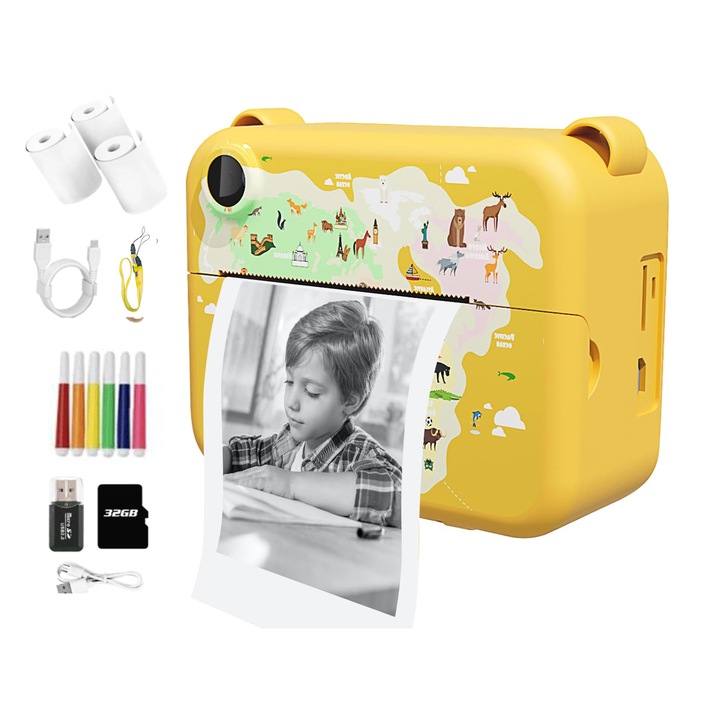 Цифров фотоапарат за деца WALALLA, незабавен печат, 180° завъртане, 1080P, жълт, 32 GB, 2,4 инча