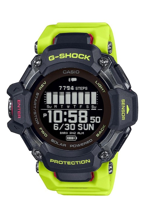 Casio, Дигитален часовник G-Shock със слънчева батерия, Черен, Лайм