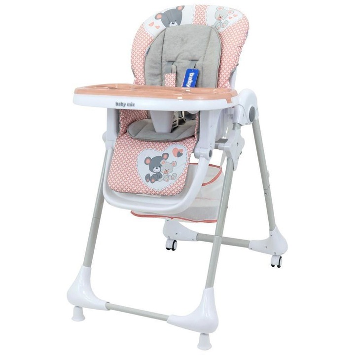 Бебешко столче маса, Baby Mix, регулируемо в 7 позиции, с колелца/предпазни колани, розово