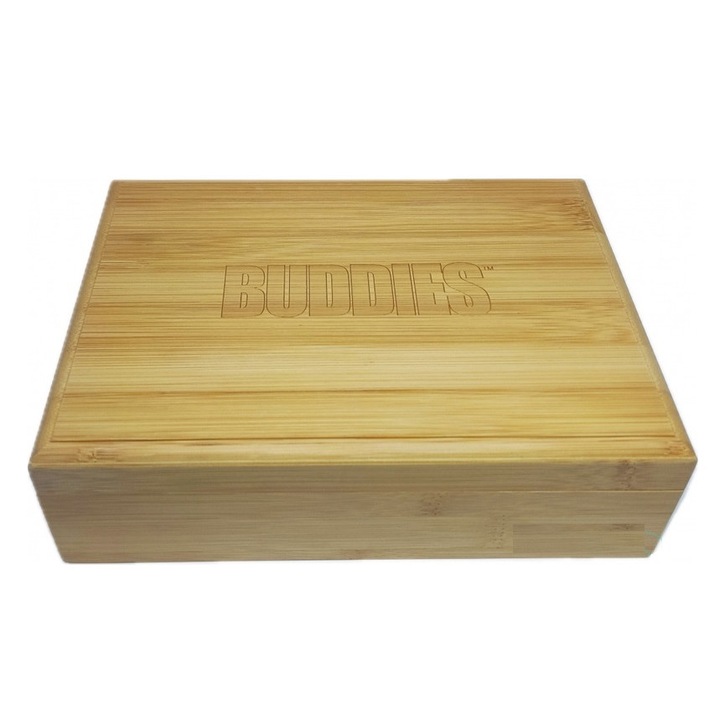 Cutie depozitare Buddies din lemn Bambus cu separatoare, magnetica, 22 x 16cm, pentru foite role, brichete, filtre carbon activ, grinder, blunt canepa, conuri corector umiditate etc