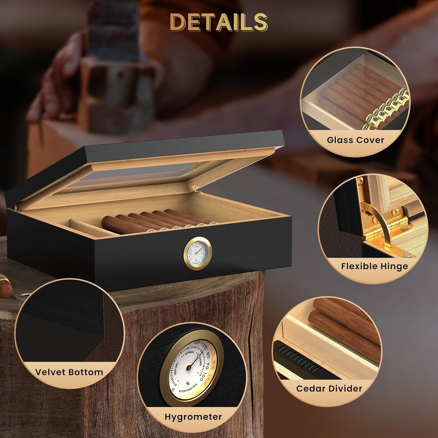Humidor Trabucuri din Cedru cu Umidificator, Higrometru si Capac de ...