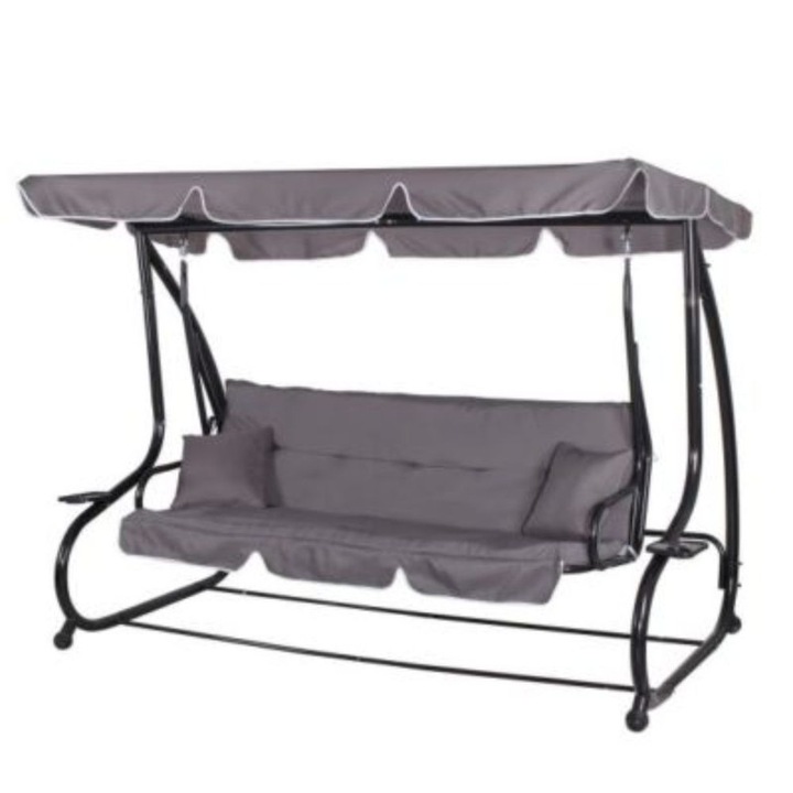 Balansoar Mercaton pentru Gradina, Cadru Metalic, Rabatabil, Sistem Anti-Alunecare, 2 Perne Incluse, 4 Locuri, Suport pentru Pahare, Greutate Max. 300 kg, 180 g/m², 220x120x163 cm, Gri