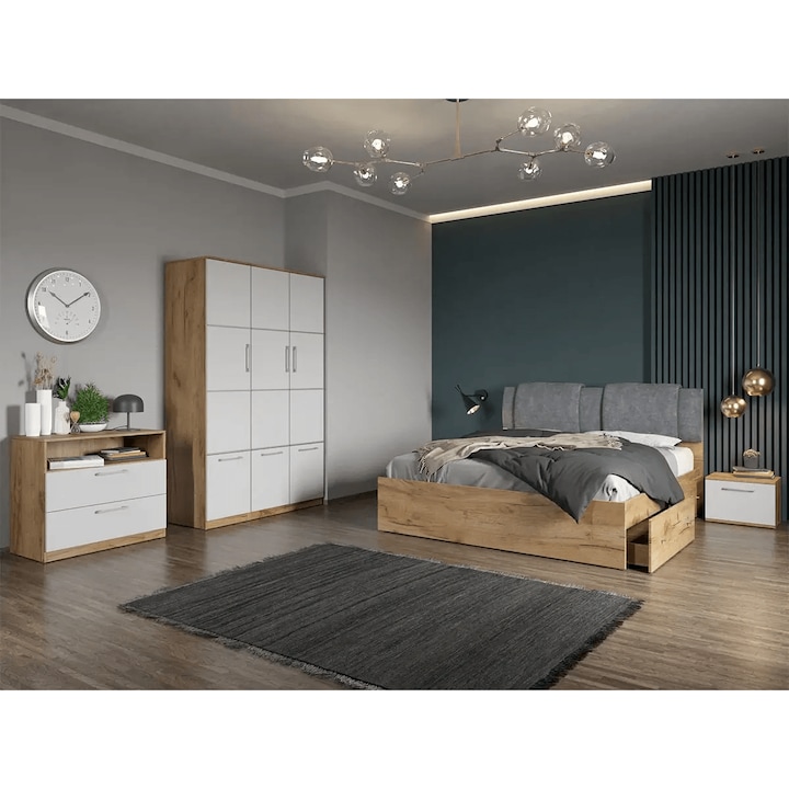 Set dormitor, Stejar Auriu cu Alb, Acapulco, C42, Dulap, Pat 160x200, Comoda, Noptiere