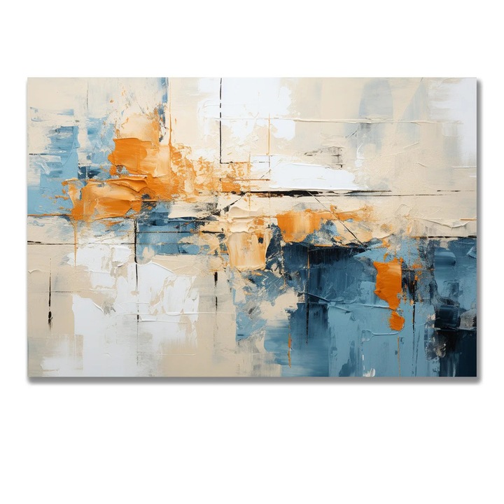 Tablou Canvas, Abstract Contemporan, Dinamica Culorilor, Contrast Albastru-Portocaliu, Elemente de Strada Urbana, 40x60cm, panza cu sasiu din lemn gata de agatat decor pentru living sau dormitor