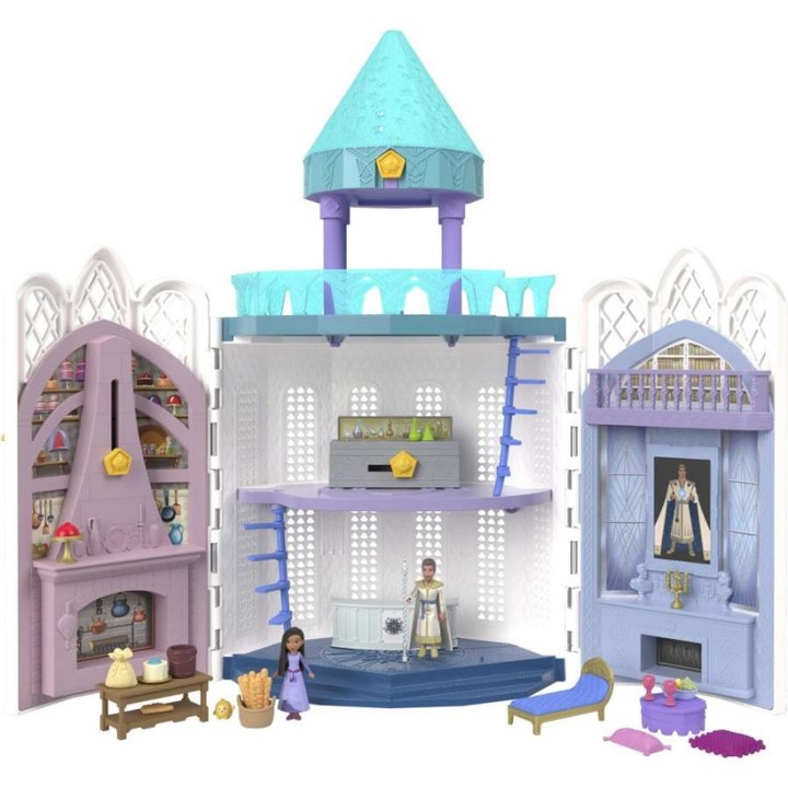 Комплект 2 мини-кукли Wish Rosas Castle на Disney, Mattel, 20 аксесоара, Светещ купол, Многоцветен