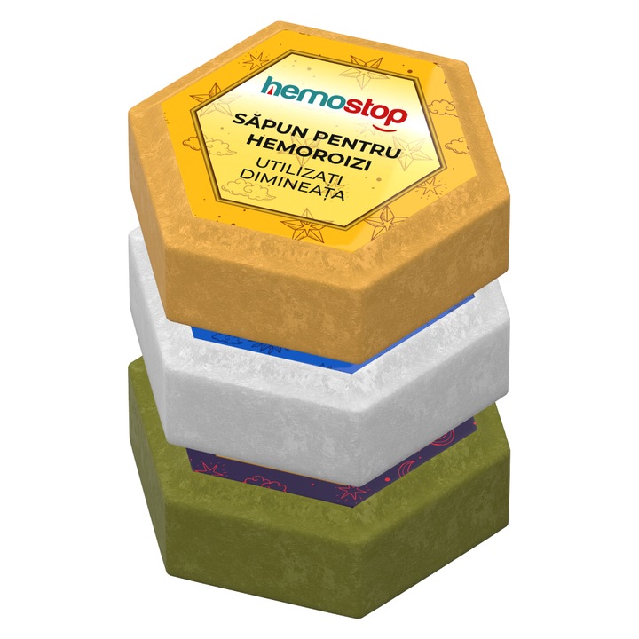 Pachet Sapunuri Naturale HemoStop® pentru igiena intima, recomandat in caz de hemoroizi, Rutina completa Dimineata, Ziua si Seara, 3x100g